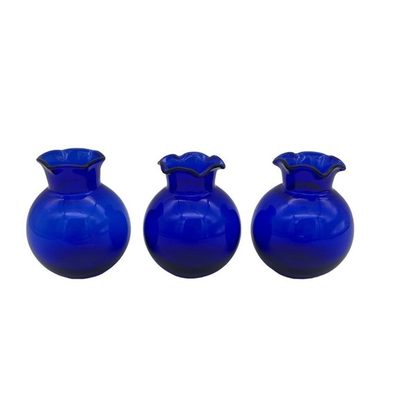Unbranded Other - 3 Cobalt Blue Miniature Vases w/ Fluted Edges Handblown 2.5" Tall
